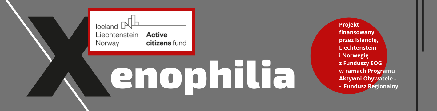 napis Xenophilia, nad nim logo funduszy norweskich, z prawej strony napis Projekt finansowany przez Islandię, Lichtenstein i Norwegię...